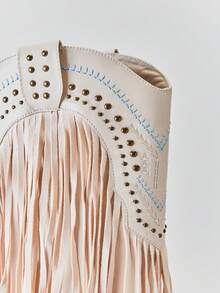 Solezae Botas occidentales de media pantorrilla con punta puntiaguda, tacón grueso, tachuelas y bordados para mujer - Blanco - Ver 7