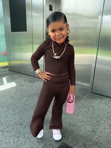 SHEIN Young Girl 2pcs Set Stand Collar Zipper Solid Color Long Sleeve Top And Long Pants,Pint,Great For Casual & Daily Wear & School Daily In Summer & Autumn - Brown - View 6