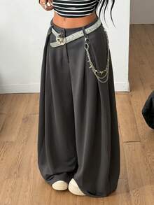 Coolane بنطلون نسائي صيفي فاخر عصري هيبي بتصميم فرنسي رمادي مقوس الحافة