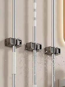 1/3pcs Wall Mounted Mop And Broom Holder, Contemporary Style Plastic Organizer Clamp, No-Drill Strong Adhesive Storage Solution For Bathroom And Kitchen, Utility Hooks - Multicolor - View 3