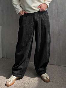 DAZY Men's Black Raw Denim Wide Leg Cocoon Jeans, Autumn