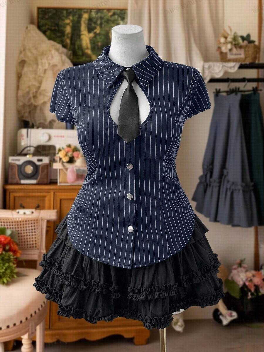 Sweetra Plus Size Metal Button Decor Cap Sleeve Casual Blouse For Women - Blue - View 1