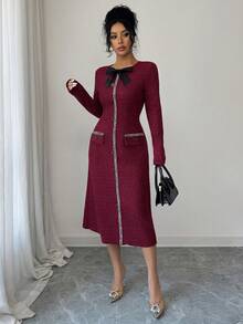 Elenzga 女式秋冬针织修身圆领插肩袖束腰A字形仿口袋蝴蝶结装饰优雅休闲圣诞派对节日中长连衣裙 - 深紅色 - 查看 6