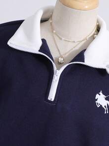 SHEIN Sweetra Young Tween Girls' Fashionable Minimalist Polo Sweatshirt Top - Navy Blue - View 3