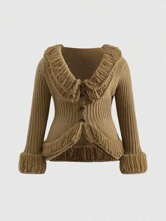 Fairycore Cárdigan de punto con mangas largas, volantes y estampado floral vintage, talla grande, para otoño/invierno