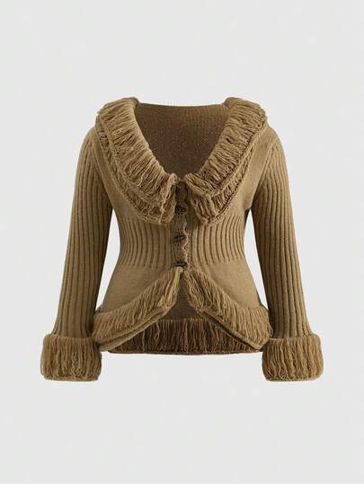 Fairycore Plus Size Vintage Floral Ruffle Trim Long Sleeve Knit Cardigan, Autumn/Winter