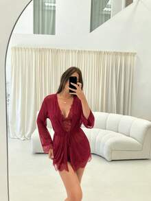 Aloruh 4pcs Women's Underwear Set (Wireless Bra, Briefs, Robe, Belt) Silky And Elegant, Party, New Year, Gathering, Without Sternum, Suitable For Home Use As A Matching Bra, Robe, Red Lingerie Pajama Set - Burgundy - View 8