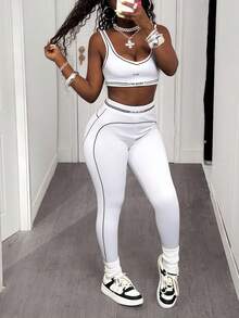 Slaydiva 2025 Summer New Music Festival, Easter, St. Patrick's Day, Western, Nomadic, Birthday Party, Graduation, Campus Style, Student Wear, Daily Casual, All-Match Versatile, Leisure, Cruise Travel, Beach, Sunbathing, Viral , Streetwear Black Sleeveless Top And Tight Leggings Yoga Set, 2pcs - B - White - View 2