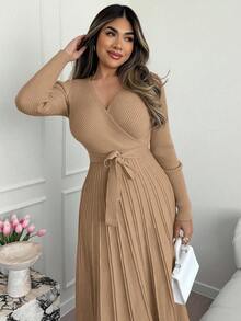 Xyvia Váy len dệt kim tay dài màu trơn cổ chữ V ôm sát thanh lịch dành cho nữ, mùa thu/đông - Màu Khaki - Xem 6