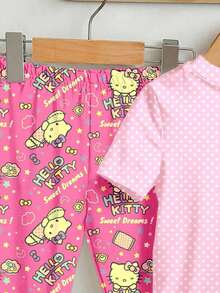 SHEIN Hello Kitty and Friends | Modeflare Wear Fetiță drăguță, inimă roz cu buline, potrivită pentru școală, socializare, petrecere în pijamale, culcare, tricou și pantaloni casual minimalist, croială strânsă, guler rotund, mânecă scurtă, pentru fetițe, lenjerie de casă, potrivită pentru vară - Multicolor - Vizualizare 6