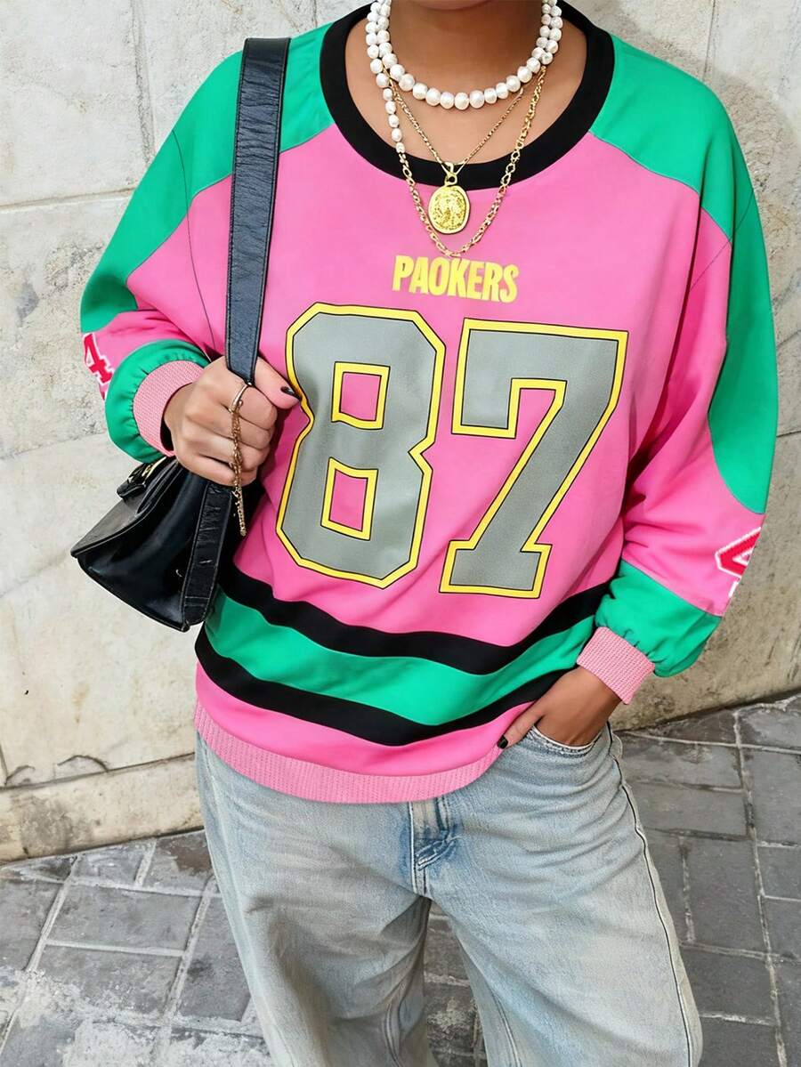 INAWLY Sudadera de cuello redondo con estampado numérico para mujer - Multicolor - Ver 1