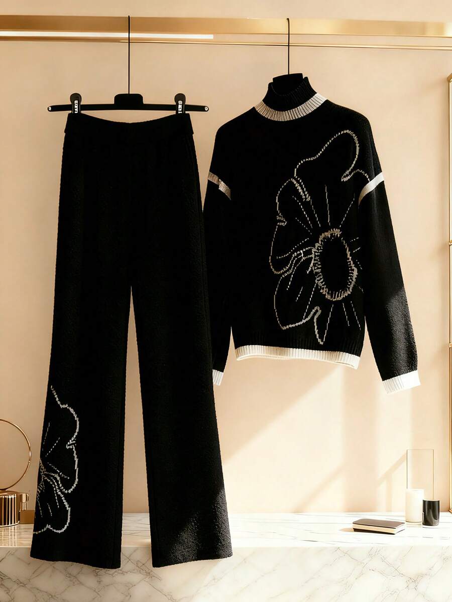 Franclia Women's Elegant Black And White Floral Sweater Set,Contrast Trim Drop Shoulder Knit Top & Long Pants 2 Pieces Set For Autumn Brunch Autumn/Winter - Black - View 1