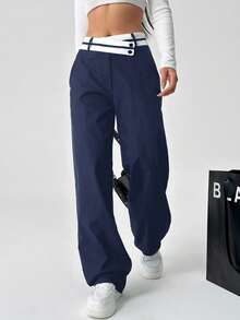 SHEIN EZwear 女性拼接色彩不對稱腰身直筒休閒褲，設有口袋 - 藏蓝色 - 查看 4