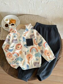 LMoss Kids 2件套男童可爱动物图案针织连帽卫衣和裤子套装 - 彩色 - 查看 4