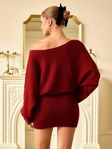 Aveloria Rosie 秋冬酒红色露肩宽松收腰仿珍珠装饰派对圣诞新年百搭优雅毛衣连衣裙 - 酒紅色 - 查看 2