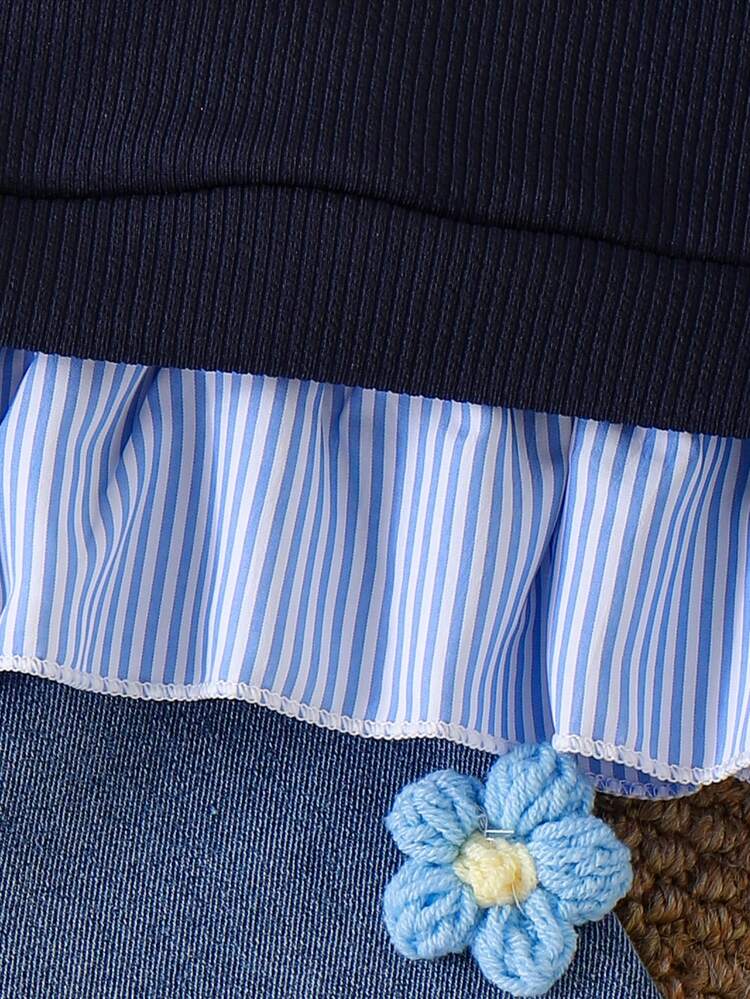 SHEIN طقم ملابس علوية كم طويل مزخرفة بالزهور والخطوط المتداخلة وبنطلون جينز للبنات الصغيرات، لطيف وجذاب - الأزرق - مشاهدة 7