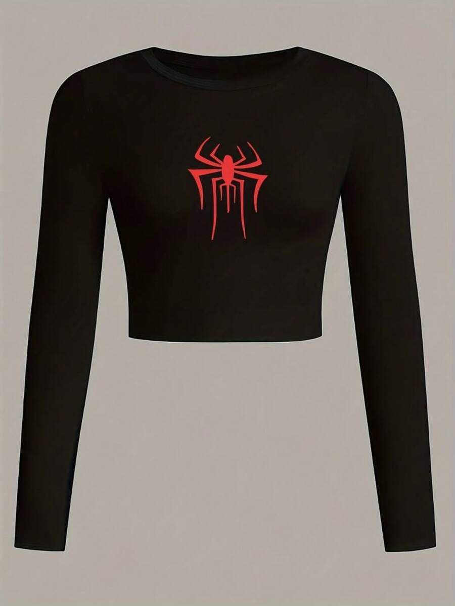 Mujer crop top deportivo urbanoimpresión araña tejido elástico ajuste ceñido cuello redondo manga larga primavera verano entrenamiento - Negro - Ver 1