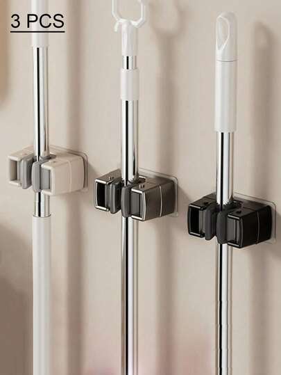 1/3개 벽걸이형 걸레 및 빗자루 홀더, 현대적인 스타일의 플라스틱 정리 클램프, 욕실 및 주방용 드릴이 필요 없는 강력한 접착식 보관 솔루션, 다용도 후크