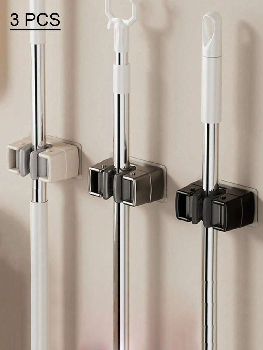 1/3pcs Wall Mounted Mop And Broom Holder, Contemporary Style Plastic Organizer Clamp, No-Drill Strong Adhesive Storage Solution For Bathroom And Kitchen, Utility Hooks - Multicolor - View 1