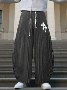 ROMWE MEN Street Life Men's Fashionable Striped Pants, Casual Loose Fit Trousers For Street Style - Black - View 1