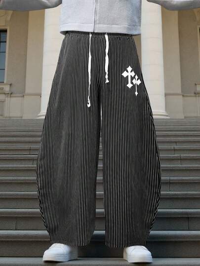 Goth Men's Fashionable Striped Pants, Casual Loose Fit Trousers For Street Style