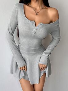 Zielony 女士休闲纯色罗纹腰短裙 - 灰色 - 查看 1