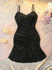 DelicateAllure Sleeveless Black Spaghetti Strap Mini Night Dress Sexy Style Plus Size Knitted Fabric Lingerie Dress - Black - View 7
