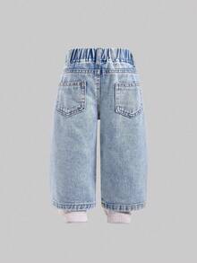 SHEIN Spodnie dzwony dla dziewczynek w kształcie płatków śniegu, z przetarciami i haftem - Jasny jeans - Zobacz 2