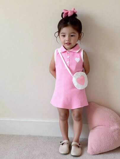 SHEIN 嬰兒女孩無袖心形圖案印花背心連衣裙和包，可愛、甜美、優雅，非常適合春夏戶外活動