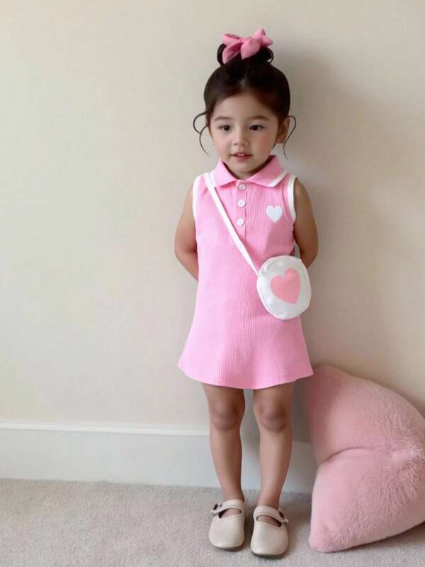 SHEIN Baby Girl Sleeveless Heart Pattern Printed Tank Dress And Bag, Cute, Sweet, Elegant, Perfect For Outdoor Activities In Spring And Summer