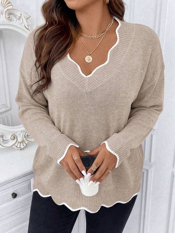 Nubod Plus Size Women Casual V-Neck Drop Shoulder Long Sleeve Pullover Sweater, Autumn/Winter