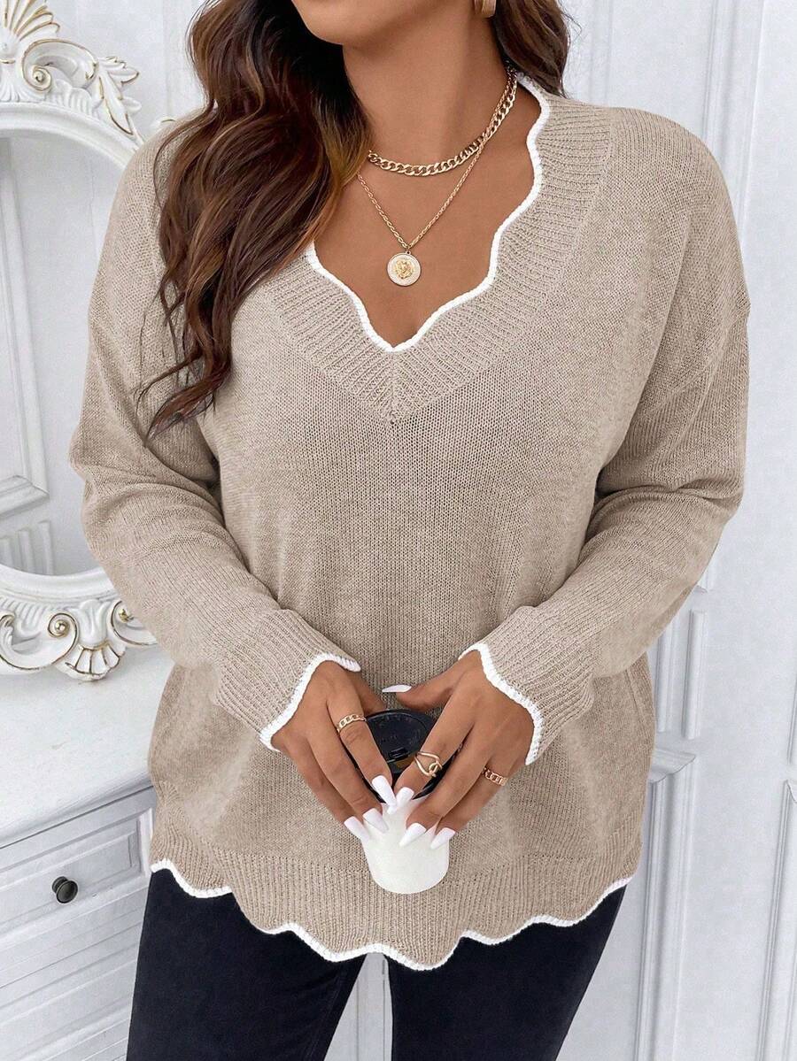 Nubod Plus Size Women Casual V-Neck Drop Shoulder Long Sleeve Pullover Sweater, Autumn/Winter