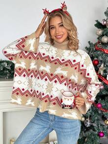SHEIN LUNE Classic High Neck Fashionable Christmas Element Pattern Retro Casual Loose Stylish Long Sleeve Pullover Sweater, Vibrant Color For Winter - Multicolor - View 6