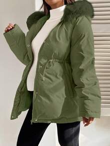 SHEIN Maternity Fashionable Versatile Drawstring Waist Faux Fur Hooded Jacket, Winter