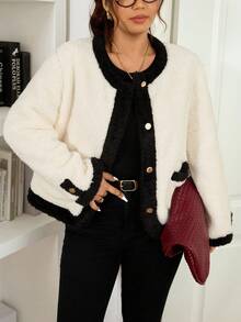 Lounesse 大码女式撞色黑白长袖厚外套，适合日常外出通勤，大码白色夹克女式秋冬装