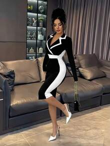 SHEIN PETITE Váy đen ngắn tay dài ôm sát cổ áo blazer màu tương phản thanh lịch dành cho nữ, Váy thu/đông dành cho nữ, Váy dự tiệc thanh lịch, Váy đen ngắn, Trang phục Giáng sinh dành cho nữ, Váy dự tiệc - màu đen - Xem 3