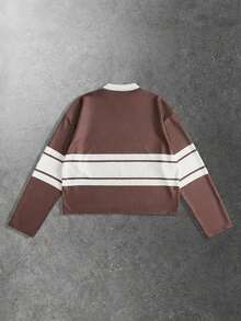 ROMWE MEN Street Life Men's Preppy Collegiate Style Printed Long Sleeve Polo Shirt, Autumn/Winter - Coffee Brown - View 2