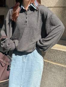 FRIFUL Women's Contrast Color Shirt Collar Button Dropped Shoulder Long Sleeve Loose Casual Versatile Sweatshirt, Autumn/Winter