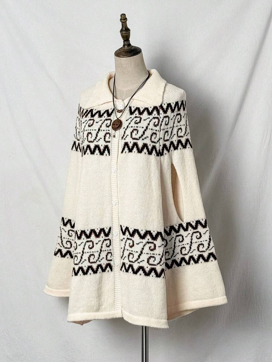 SHEIN Unity Damen Lässig Geometrisches Muster Cape Ärmel Strickpullover, Herbst/Winter - Beige - Übersicht 1