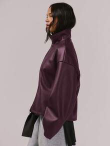 MUSERA Oversized High Neck Faux Leather Full Zip Up Jacket Night Out Winter Outerwear - Burgundy - View 3