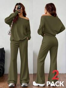 SHEIN EZwear 女款冬季基礎針織橄欖綠兩件套休閒居家服，秋季休閒不對稱領衛衣與喇叭褲套裝，舒適露肩套裝 - 軍綠色 - 查看 3