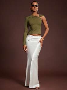 L'Amorae Asymmetric Single Sleeve Twist Metal Decor Top - Army Green - View 3