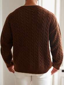 Manfinity Homme Áo len dài tay cổ chữ V họa tiết cáp cho nam, mùa thu/đông - Đồng - Xem 2