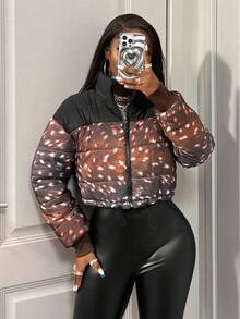 BamGleam Leopard Animal Print Color Blocking Women's Black Winter Streetwear Everyday Stand Collar Zip-Up Cropped Quilted Synthetic Insulation Winter Jacket - Brown - View 4