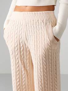 MISSGUIDED Pantalones jogger de pierna ancha de punto trenzado para mujer, pantalones de estar por casa cómodos para otoño e invierno, pantalones de punto - Albaricoque - Ver 4