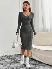 SHEIN PETITE Solid Ribbed Knit Bodycon Spring Women Dress - Dark Grey - View 5