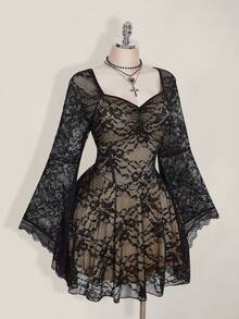 SHEIN ICON Váy xòe tay loe cổ vuông ren nhún cỡ lớn màu tương phản, váy dự tiệc Y2K, trang phục Halloween, phù thủy - Nhiều màu - Xem 6