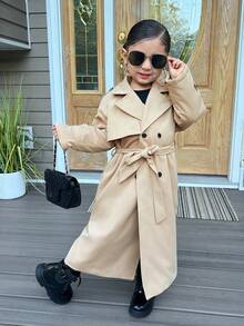 SHEIN Young Girl Khaki Thermal Lined Long Sleeve Trench Coat, Versatile For Autumn/Winter Fall