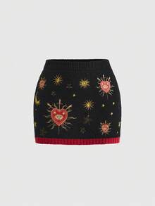 ROMWE Goth 仙女神秘女巫风格太阳、月亮、星星、心、眼睛刺绣撞色低腰毛衣和裙子套装 - 黑色 - 查看 1