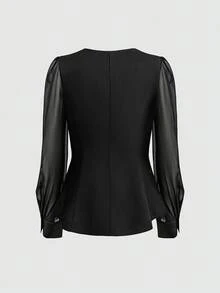 SHEIN PETITE 女士优雅休闲/办公不对称金属装饰雪纺拼接长袖衬衫 - 黑色 - 查看 2